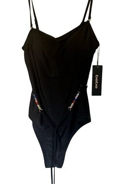 NWT BEBE  Black One-Piece Swimsuit with Multicolor Beaded Waist Accent